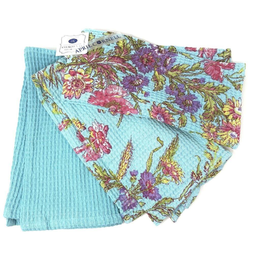 April Cornell WILDFLOWERS Turquoise Aqua Kitchen Dish Tea Towels Set Of 3 Bright